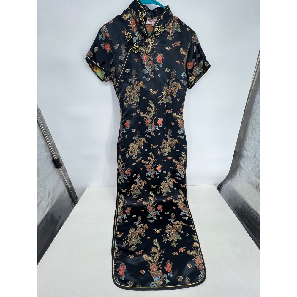 ChinaTowner Black Satin Dragon Phoenix Cheongsam Qipao Maxi Dress Size 36